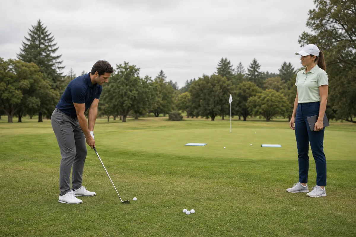 A man practices a controlled chip toward landing towels while a young adult female golf instructor observes