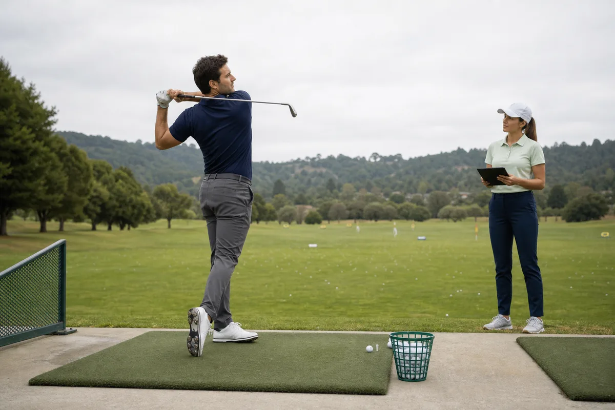 A man in his thirties holds a balanced iron finish while a young adult female golf instructor observes his swing