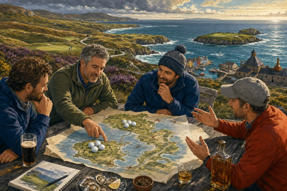Four friends plan a two-base Donegal golf trip on a coastal table map with golf balls marking northern dunes, southwest links, seafood, and one distillery