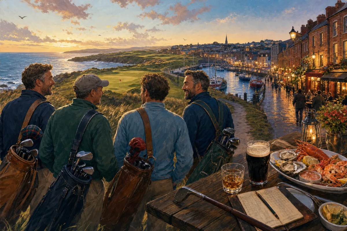 Four friends with golf bags look from a coastal links toward Dublin while a city pub, seafood dinner, and historic scorecard appear along their route