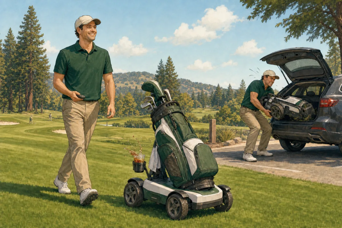 A golfer walks beside a remote electric push cart while a background vignette shows him lifting it into a car