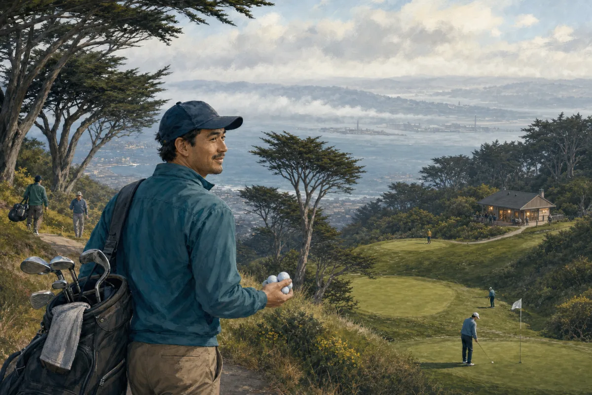 A golfer carrying extra balls looks across a steep cypress-lined municipal course above the southeastern San Francisco Bay
