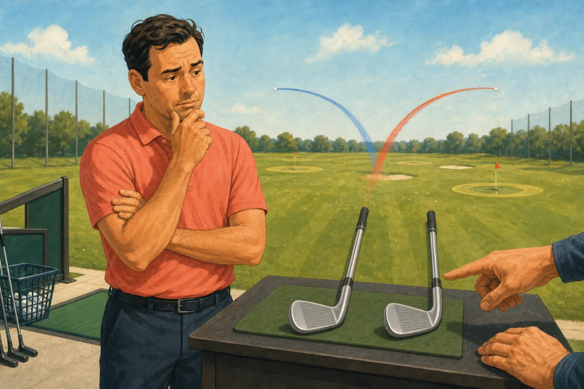 A golfer studies two generic irons with different amounts of offset while ball flights curve both ways