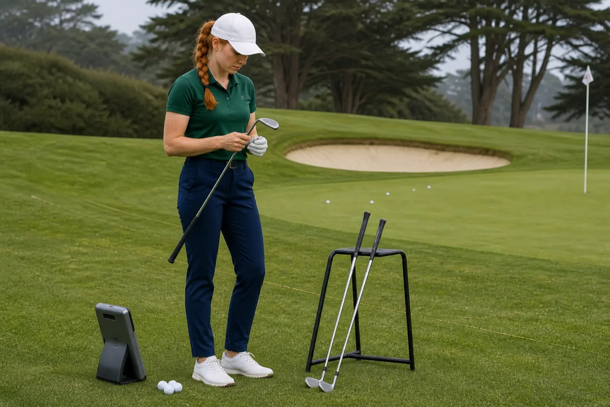 A young woman compares three unbranded wedges during an outdoor real-grass fitting near a practice green