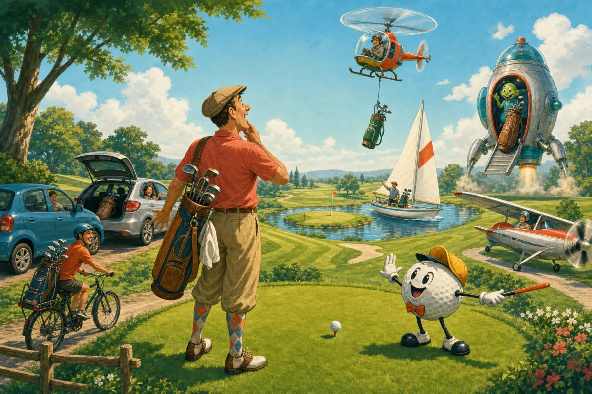 A golfer chooses among a car, rideshare, bicycle golf carrier, sailboat, propeller plane, helicopter, and playful spaceship to reach a course