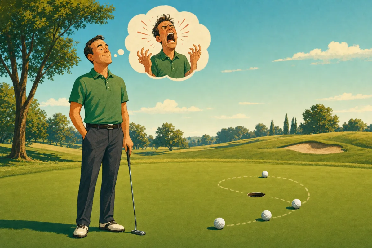 A calm golfer holds his putter while his thought-bubble self screams and four balls circle the cup