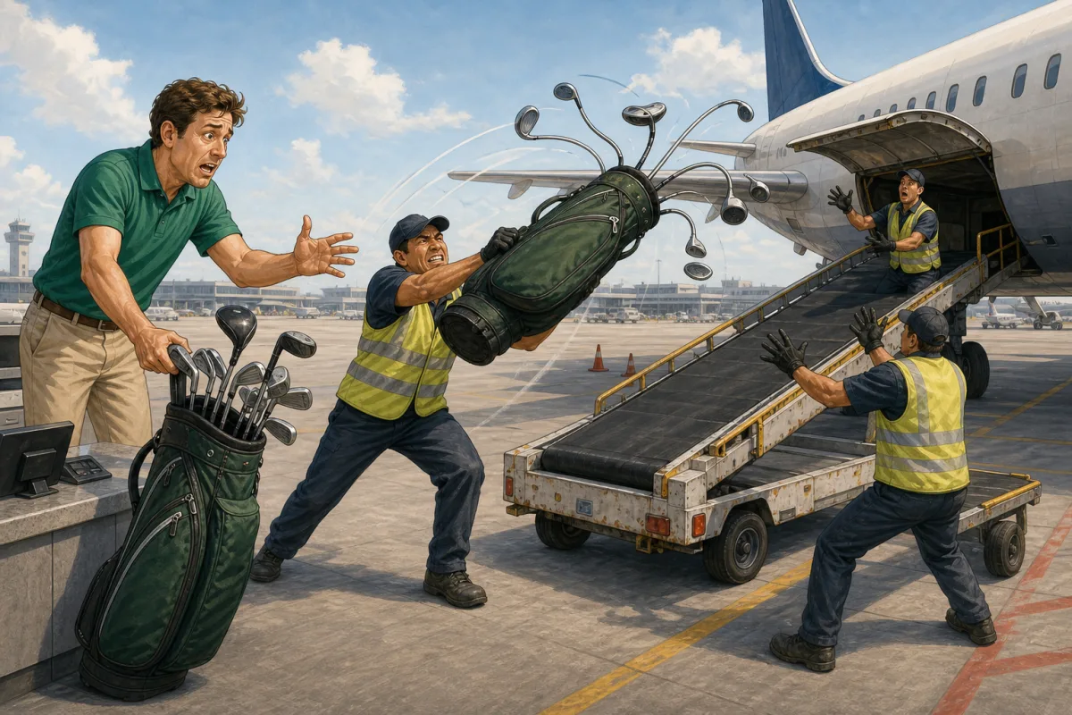An alarmed golfer watches baggage employees throw an uncovered golf bag toward a plane while the clubs bend comically