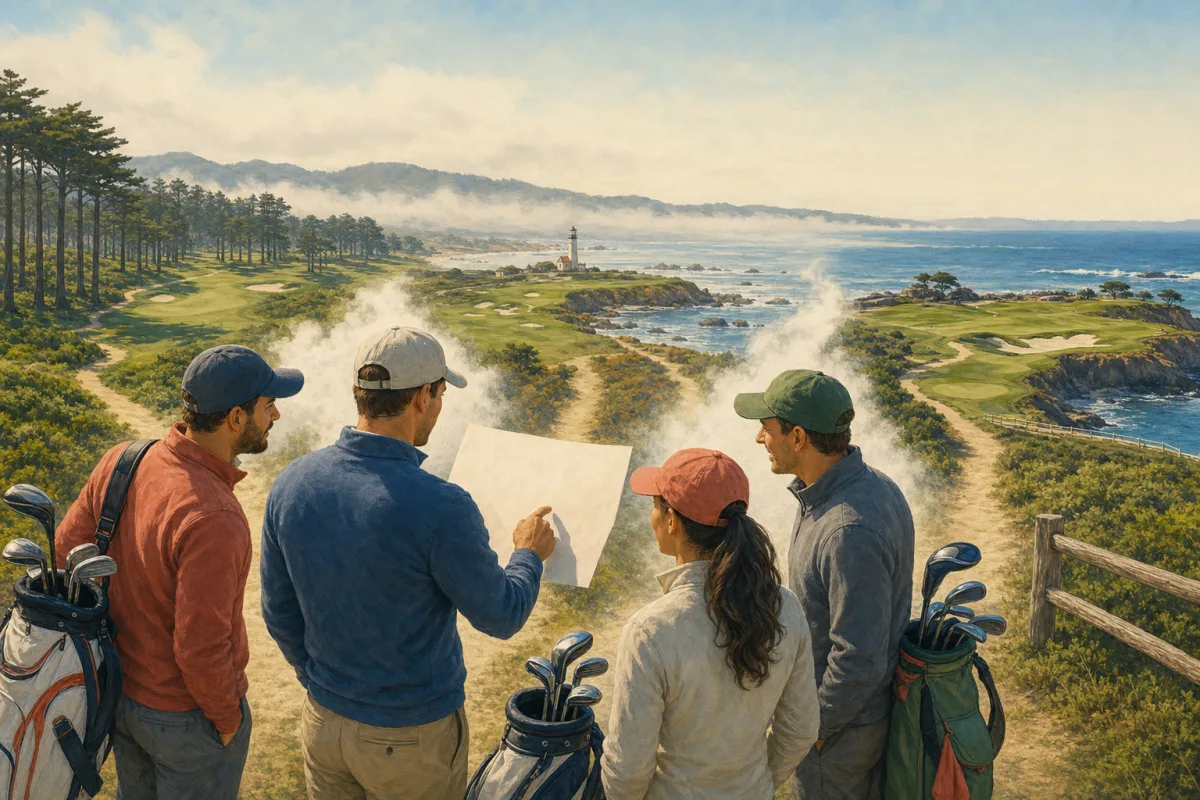 Four friends plan routes through Monterey pine forest, a coastal municipal course, and an oceanfront golf course