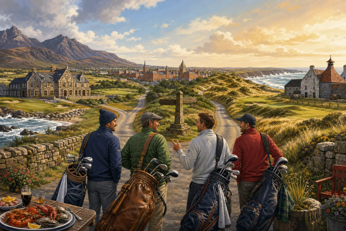 Four friends travel between a mountain-backed County Down links and Causeway Coast dunes with golf bags, seafood, Belfast, and a whiskey distillery along the route