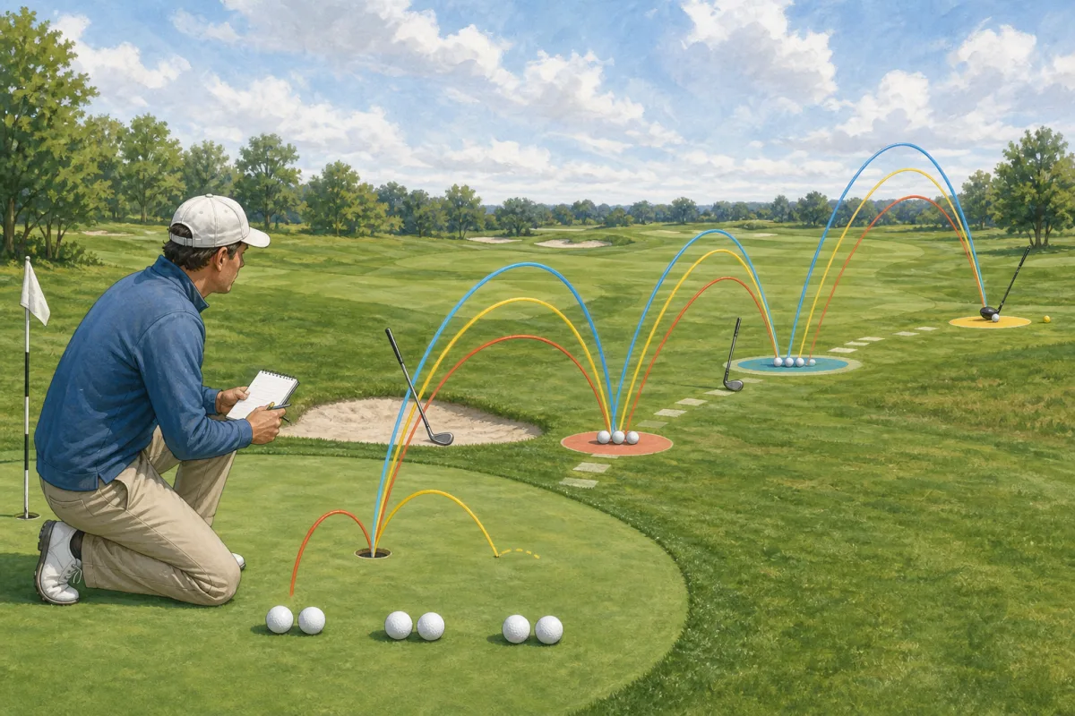 A golfer compares three unbranded premium golf balls using putting, wedge, iron, and driver test stations from the green back to the tee