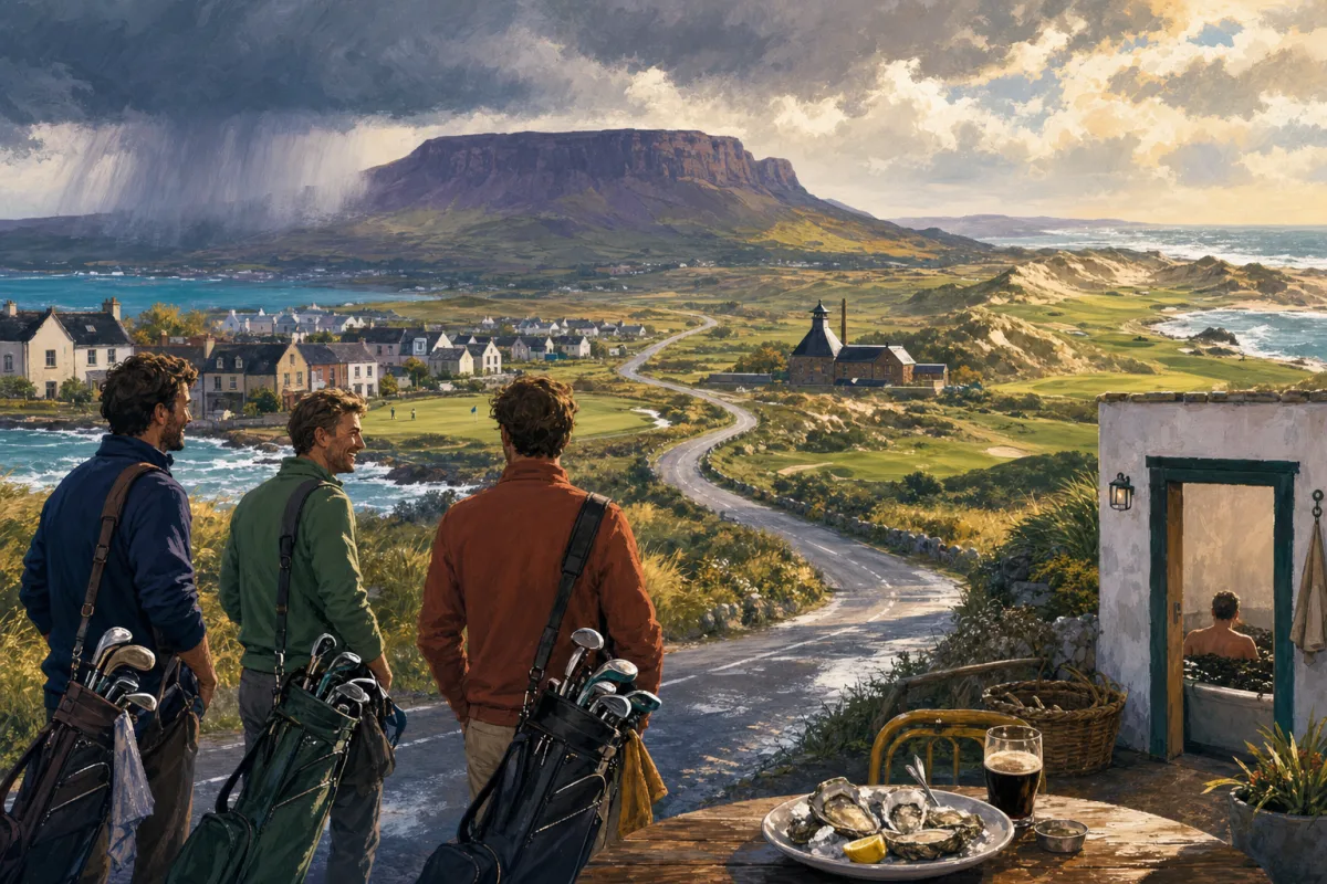 Three friends follow a golf road through Sligo dunes beneath a flat-topped mountain toward Mayo, with oysters, a seaweed bath, and a remote links along the route