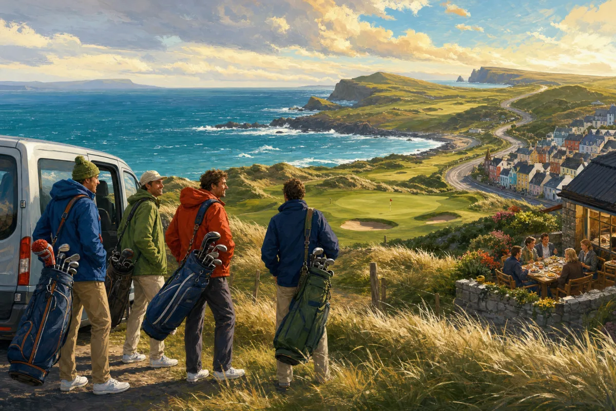 Four friends arrive with golf bags at a windswept Kerry links while a road continues toward Dingle, seafood, and an optional Clare extension