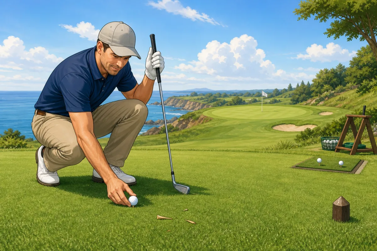 A golfer places a ball on a very low tee before an iron shot on a par 3