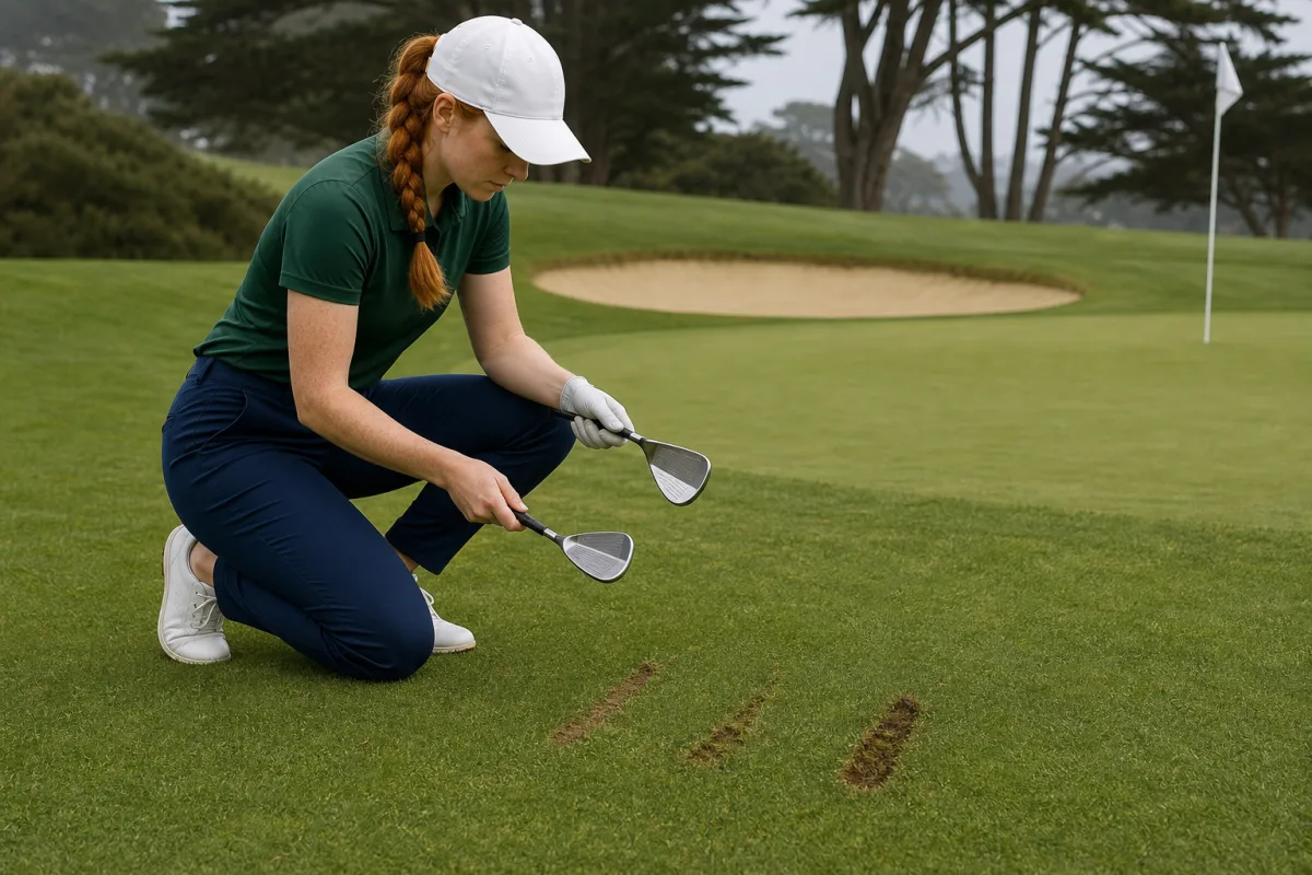 The same young woman compares two generic wedge soles beside a shallow brush, a small ball-first divot, and a deep digging divot