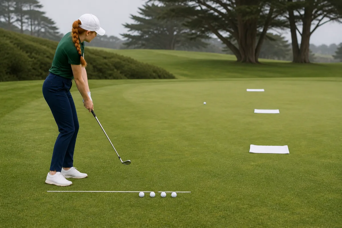 The same young woman practices wedge shots toward three landing towels with a low-point reference behind the golf balls