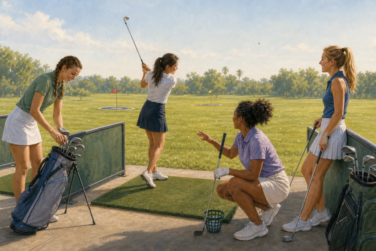 Four young women practice together at a public driving range while one hits a short iron