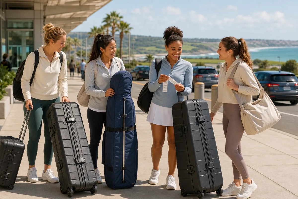 Four young women arrive for a golf trip with clubs protected in hard and padded travel cases