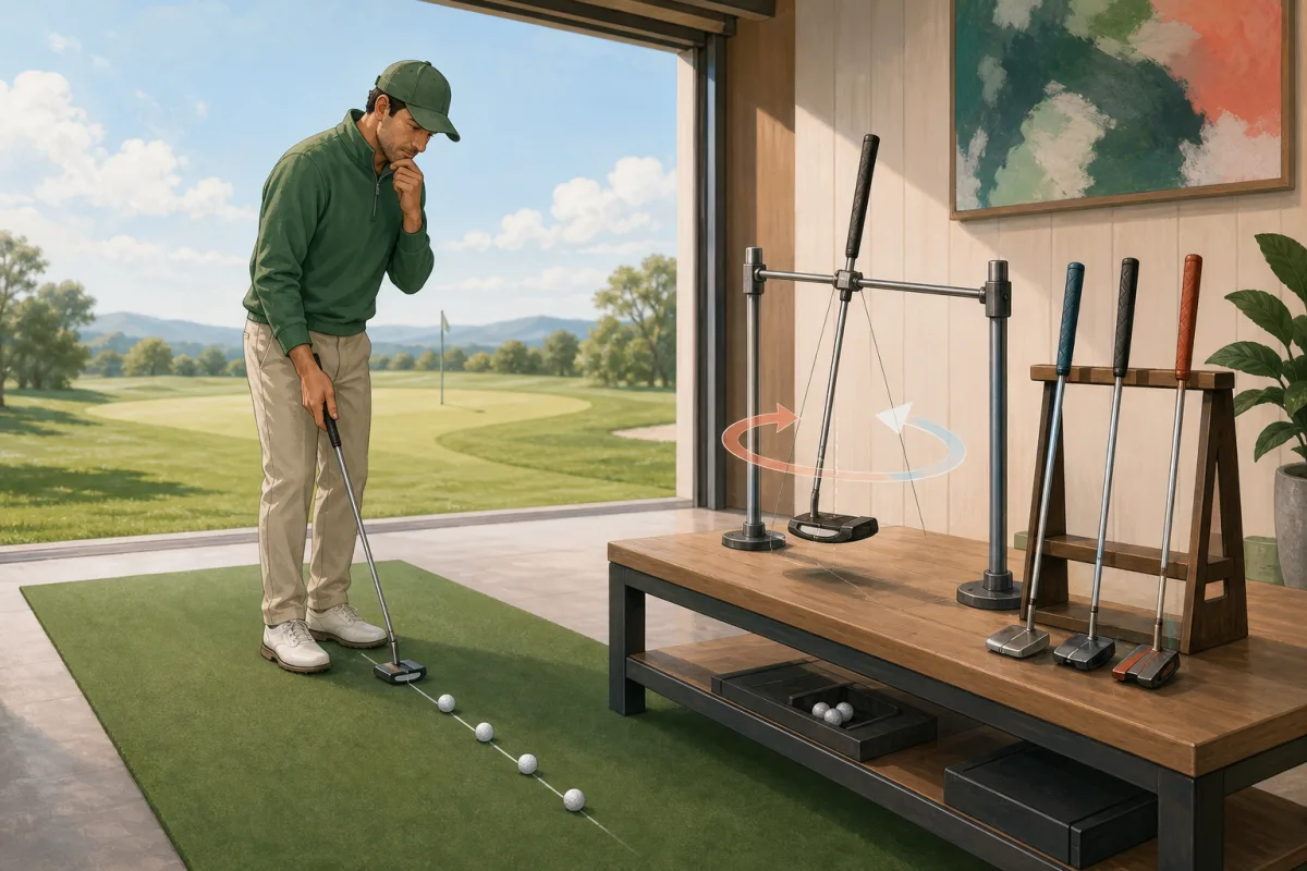 A golfer compares generic putters in a fitting studio while one hangs in a balance rig above a five-ball putting test